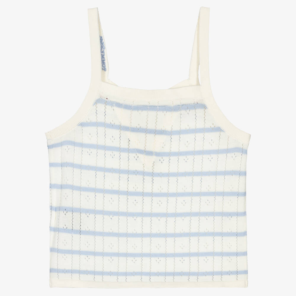 Tommy Hilfiger-Girls Ivory & Blue Stripe Pointelle Cotton Jersey Top | Childrensalon