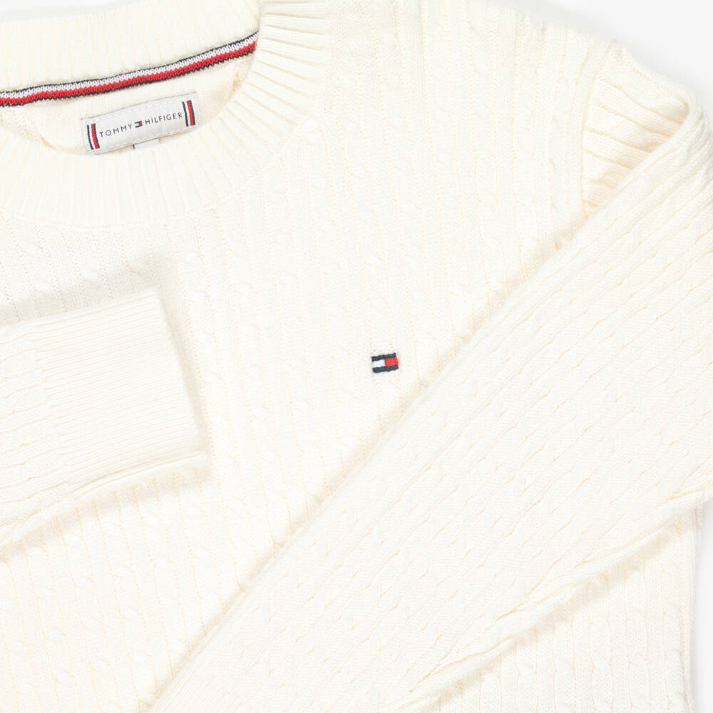 Tommy Hilfiger-بلوفر بنات قطن محبوك كابل لون عاجي | Childrensalon