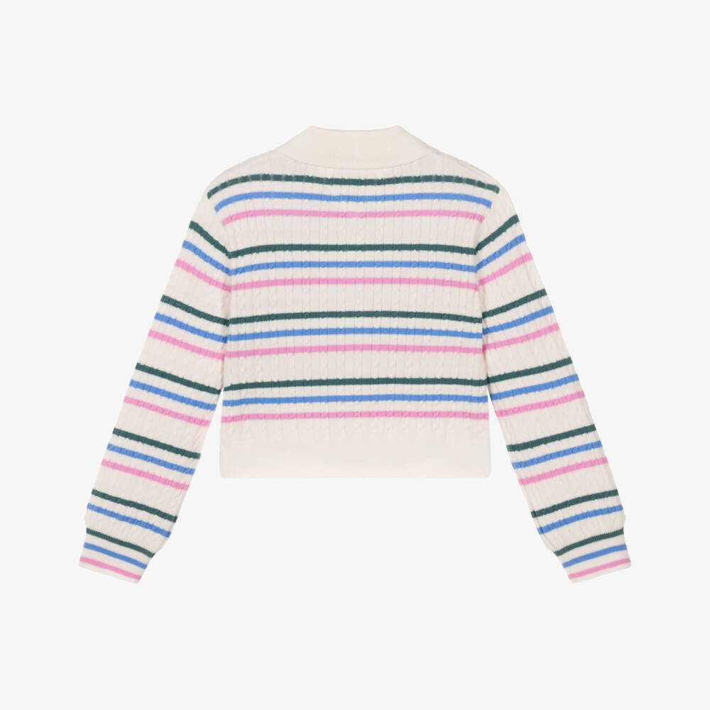 Tommy Hilfiger-Girls Ivory Cable Knit Short Polo Cardigan | Childrensalon