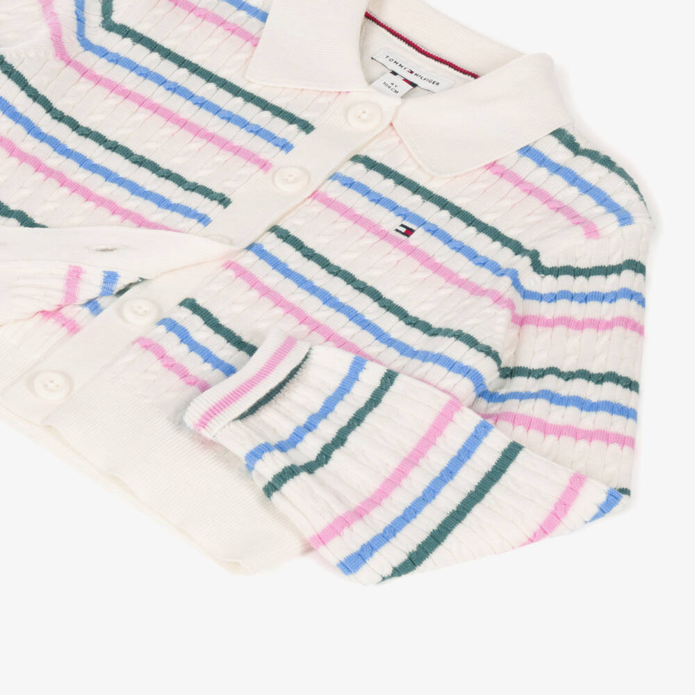 Tommy Hilfiger-Girls Ivory Cable Knit Short Polo Cardigan | Childrensalon