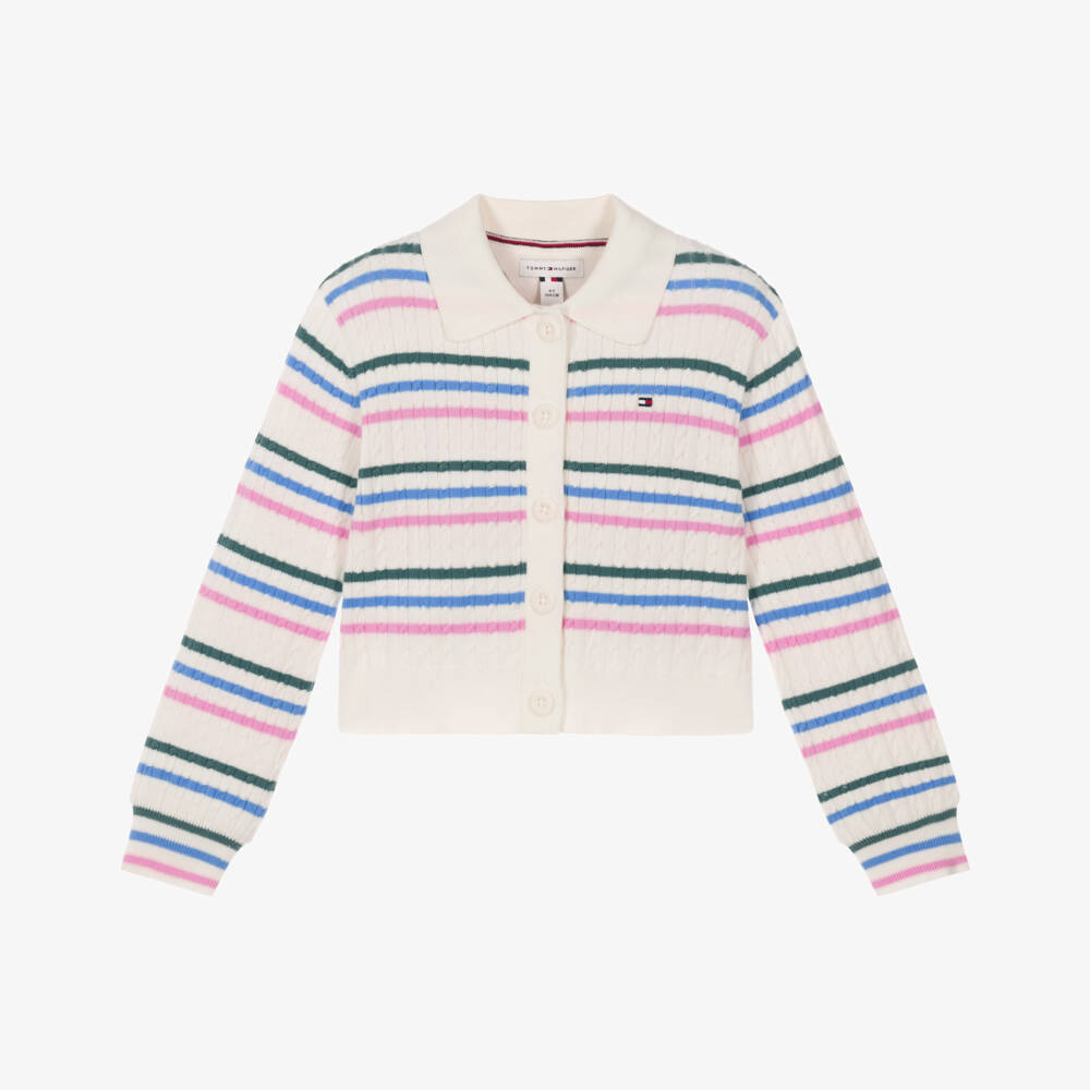 Tommy Hilfiger-Girls Ivory Cable Knit Short Polo Cardigan | Childrensalon