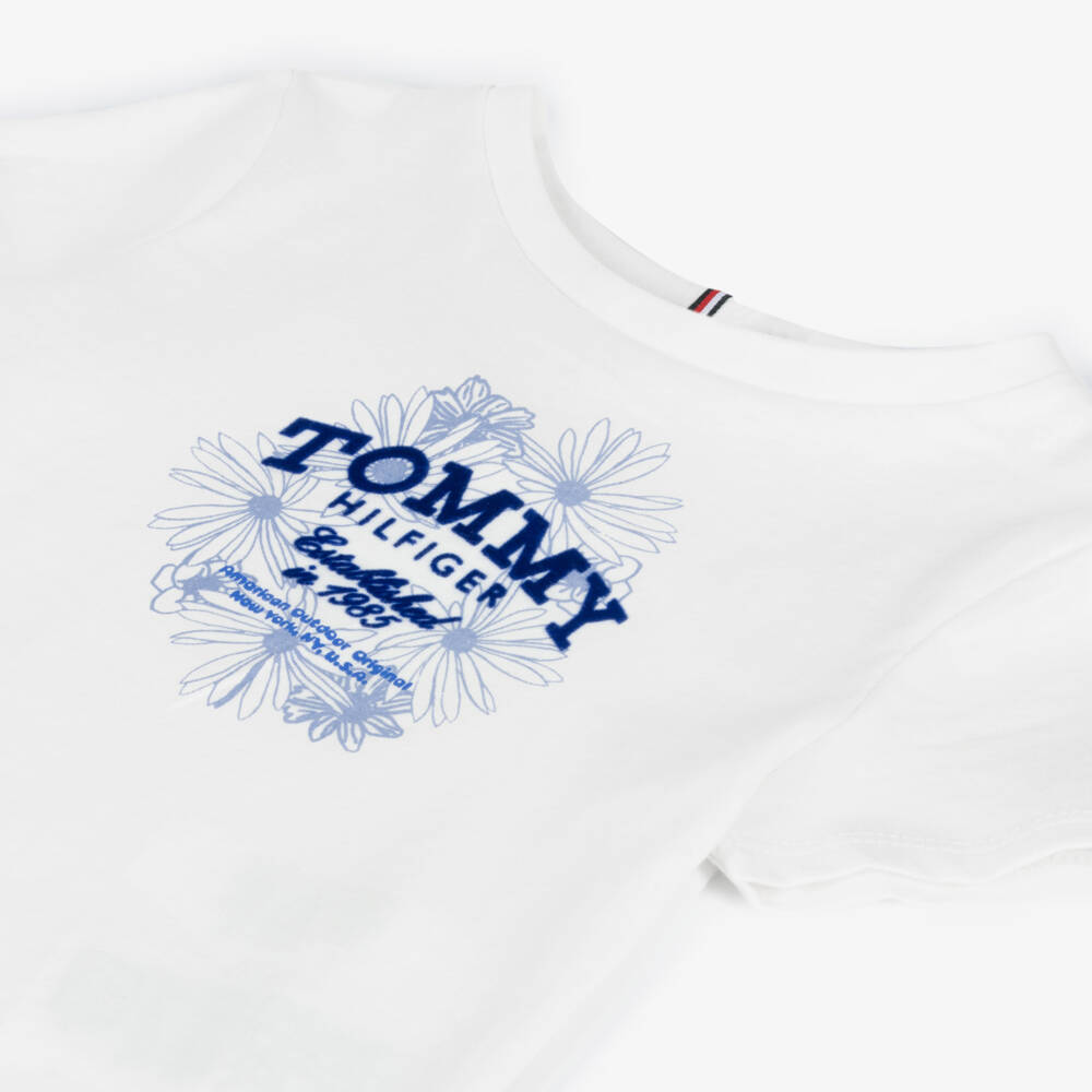 Tommy Hilfiger-Girls Ivory Cotton Floral Logo T-Shirt | Childrensalon