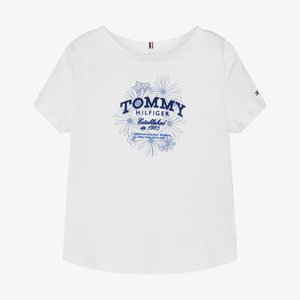 Tommy Hilfiger-Girls Ivory Cotton Floral Logo T-Shirt | Childrensalon