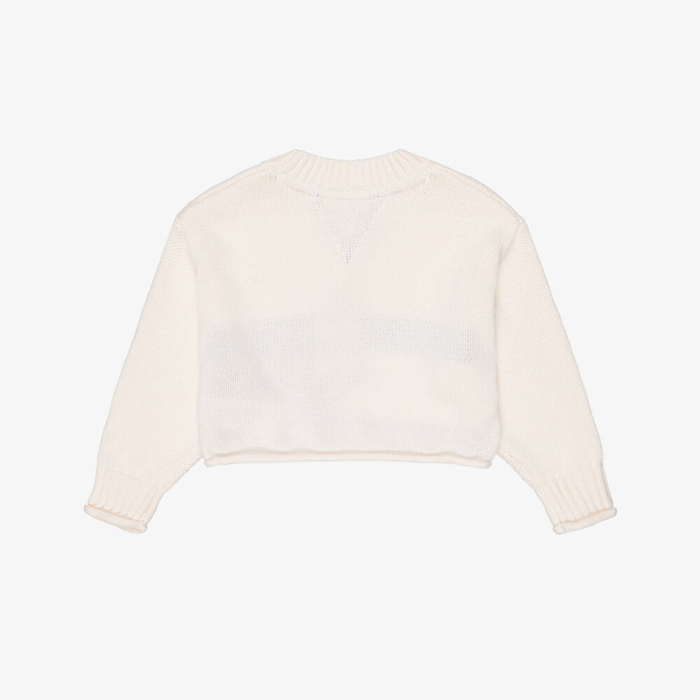Tommy Hilfiger-Girls Ivory Cotton Knit Heritage Flag Logo Cropped Sweater | Childrensalon