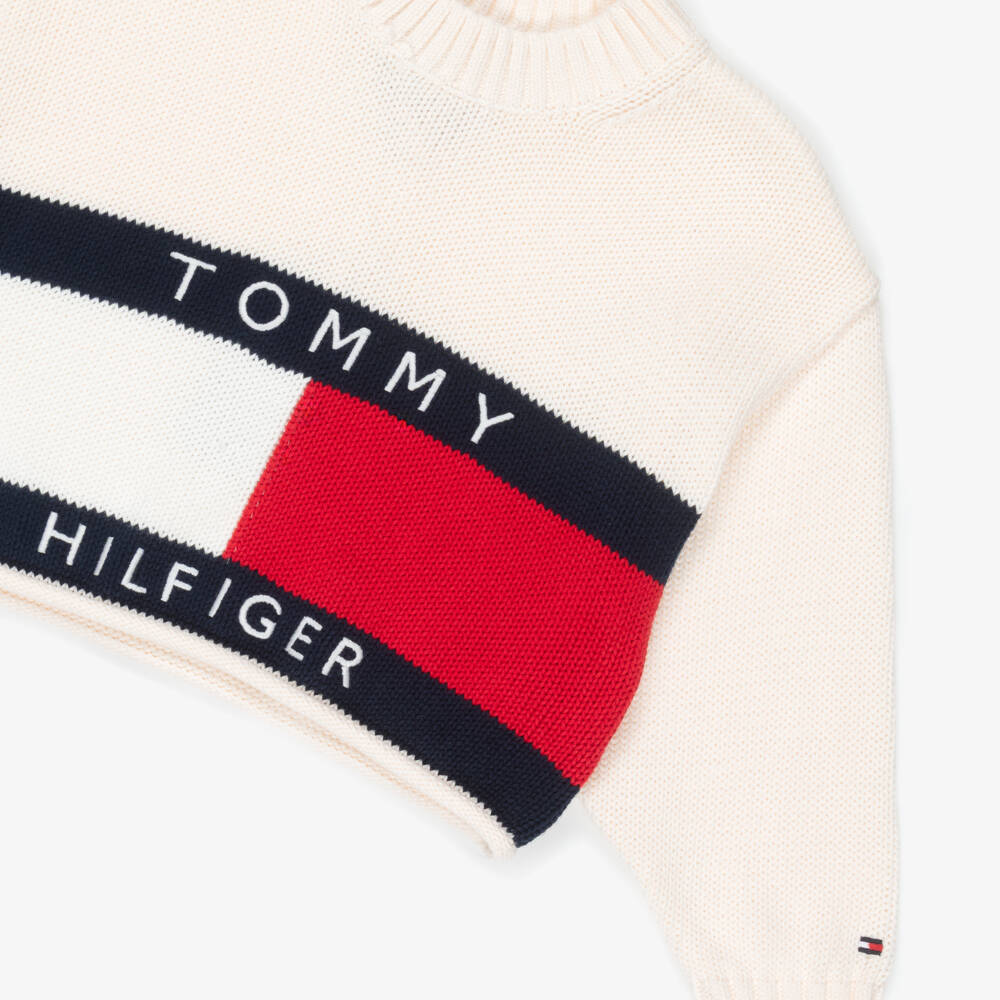 Tommy Hilfiger-Girls Ivory Cotton Knit Heritage Flag Logo Cropped Sweater | Childrensalon