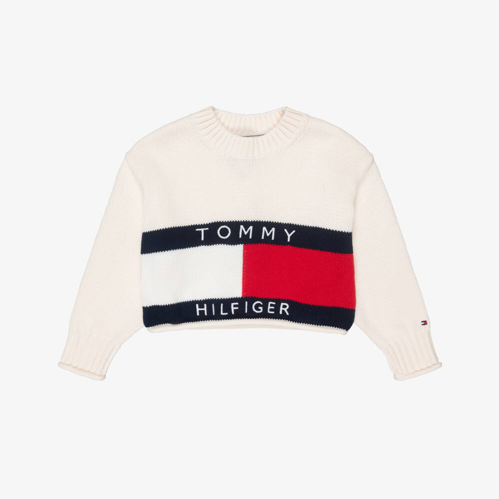 Tommy Hilfiger-Girls Ivory Cotton Knit Heritage Flag Logo Cropped Sweater | Childrensalon