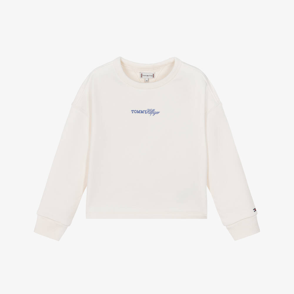 Tommy Hilfiger-Girls Ivory Cotton Script Logo Sweatshirt | Childrensalon