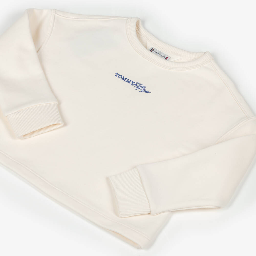 Tommy Hilfiger-Girls Ivory Cotton Script Logo Sweatshirt | Childrensalon