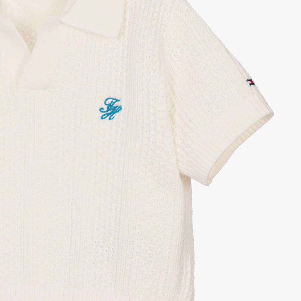 Tommy Hilfiger-Girls Ivory Crochet Knit Polo Top | Childrensalon