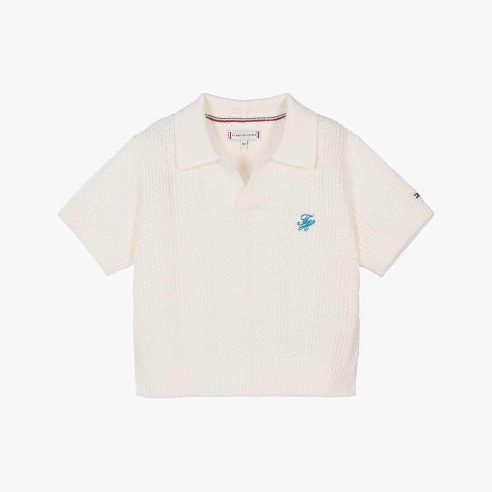Tommy Hilfiger-Girls Ivory Crochet Knit Polo Top | Childrensalon