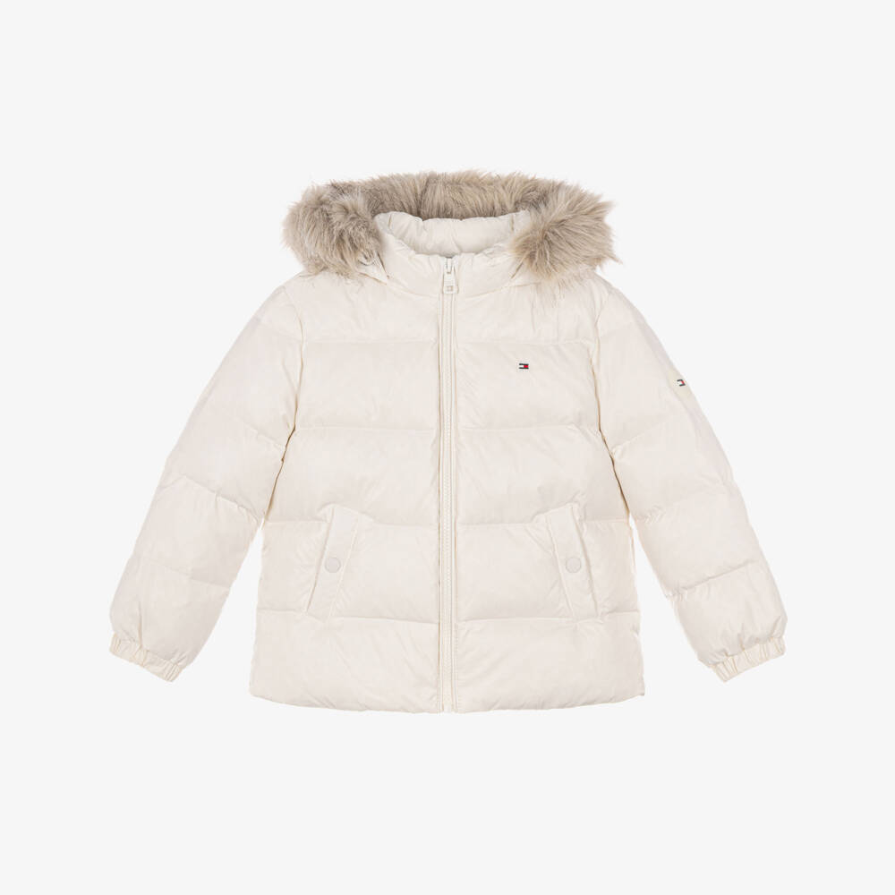 Tommy Hilfiger-Girls Ivory Down Padded Hooded Jacket | Childrensalon