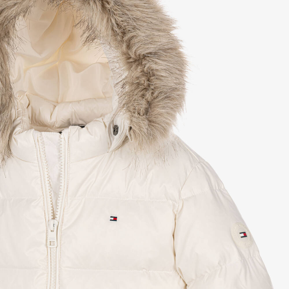 Tommy Hilfiger-Girls Ivory Down Padded Hooded Jacket | Childrensalon