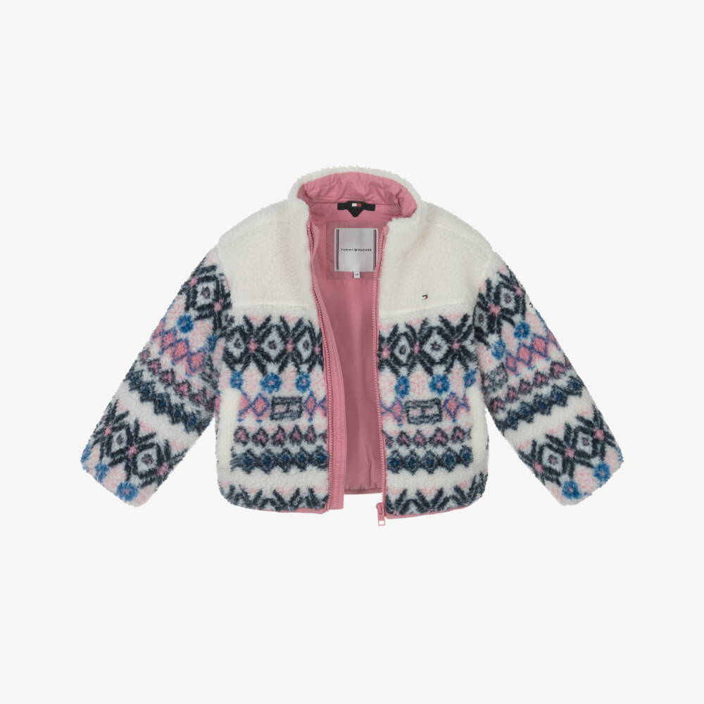 Tommy Hilfiger-Girls Ivory Fair Isle Patterned Fleece Jacket | Childrensalon