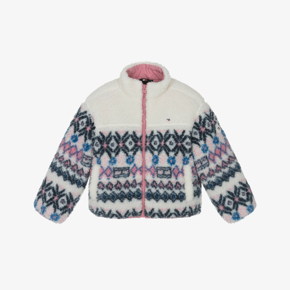 Tommy Hilfiger-Girls Ivory Fair Isle Patterned Fleece Jacket | Childrensalon
