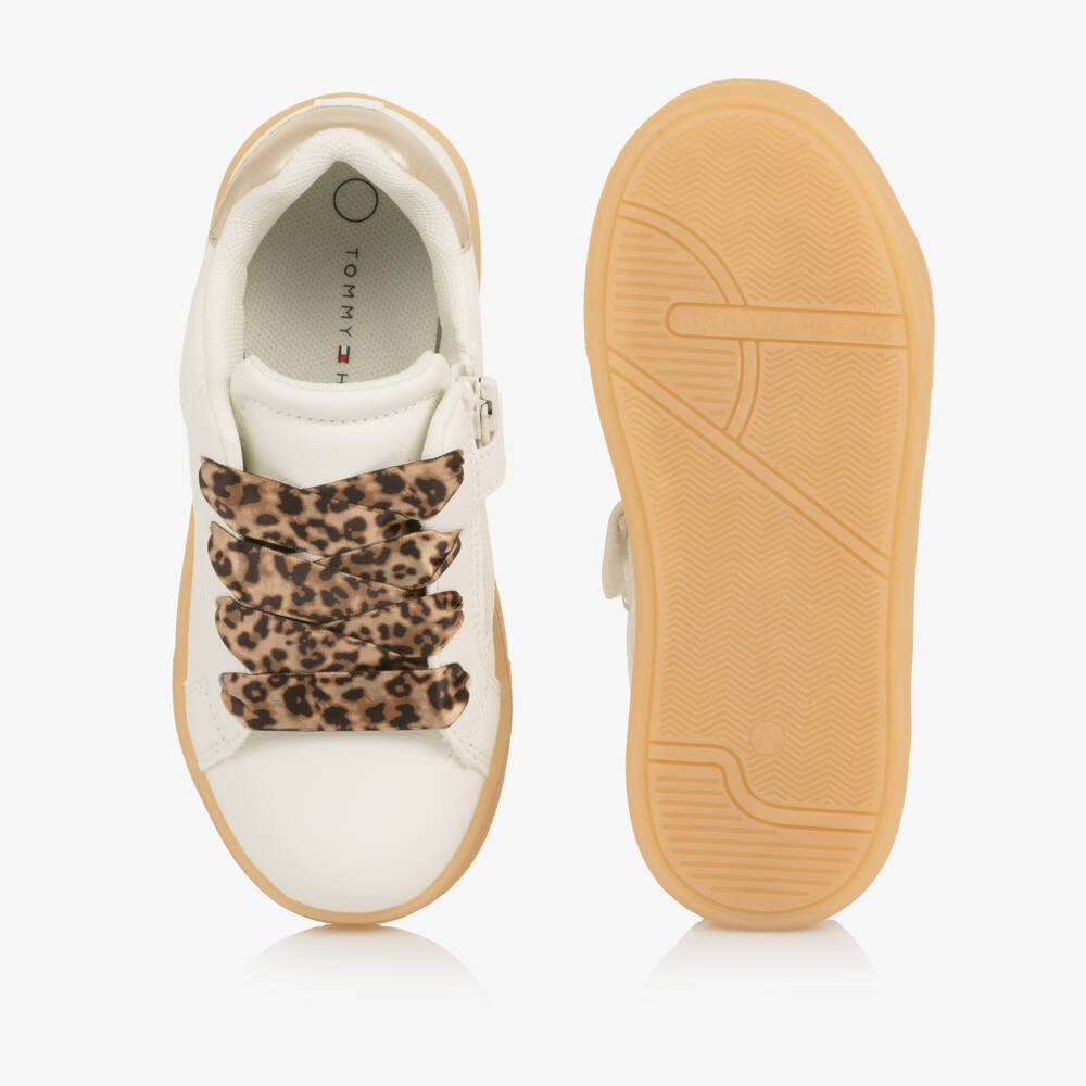 Tommy Hilfiger-Girls Ivory Faux Leather Trainers with Leopard Print Laces | Childrensalon