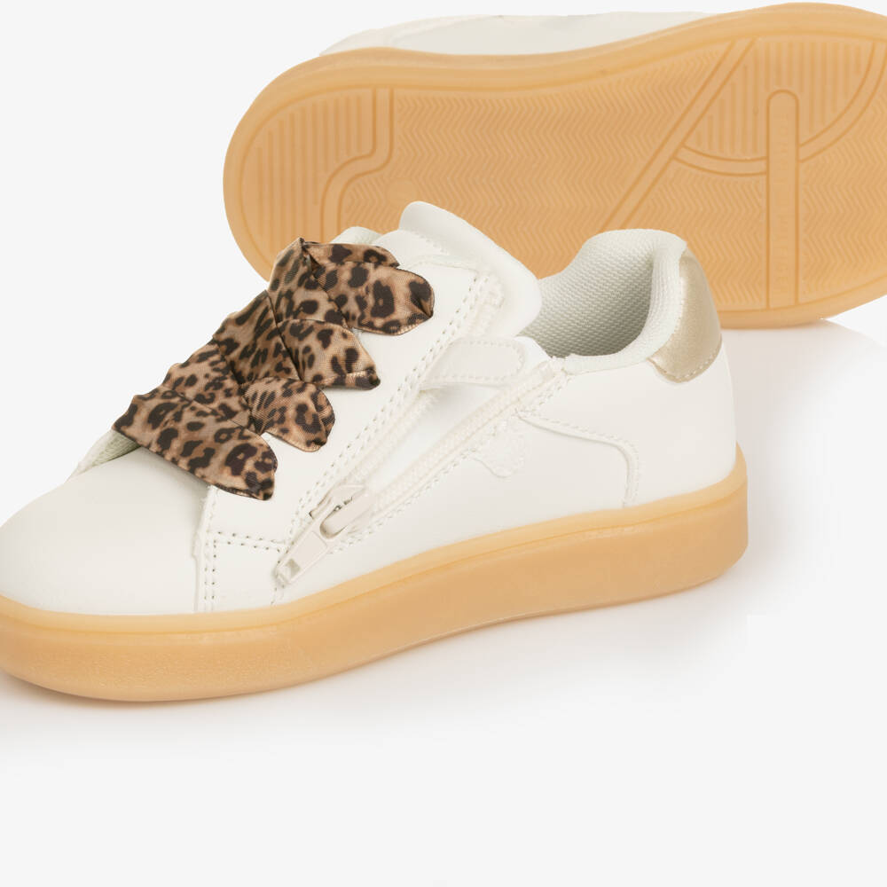 Tommy Hilfiger-Girls Ivory Faux Leather Trainers with Leopard Print Laces | Childrensalon