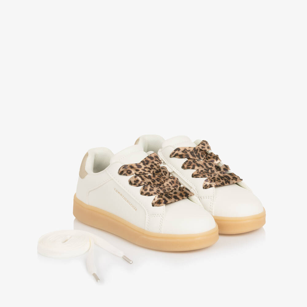 Tommy Hilfiger-Girls Ivory Faux Leather Trainers with Leopard Print Laces | Childrensalon
