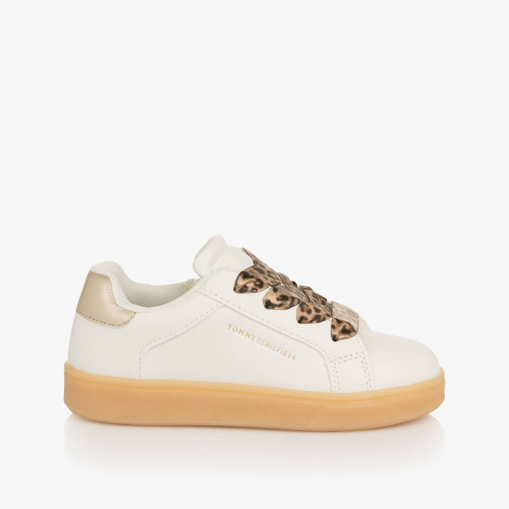 Tommy Hilfiger-Girls Ivory Faux Leather Trainers with Leopard Print Laces | Childrensalon