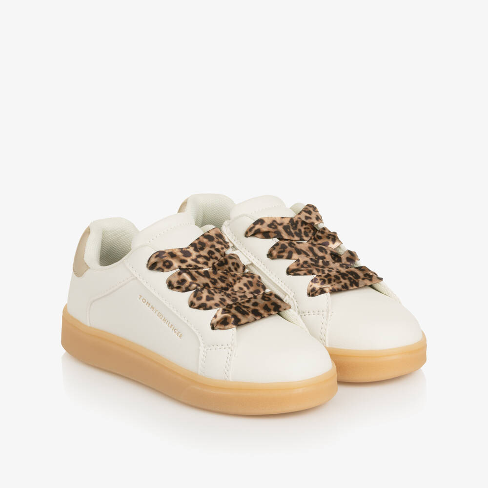 Tommy Hilfiger-Girls Ivory Faux Leather Trainers with Leopard Print Laces | Childrensalon