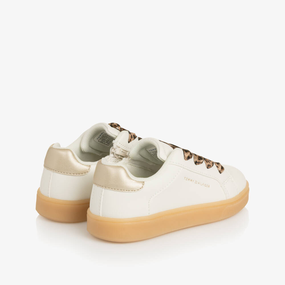 Tommy Hilfiger-Girls Ivory Faux Leather Trainers with Leopard Print Laces | Childrensalon