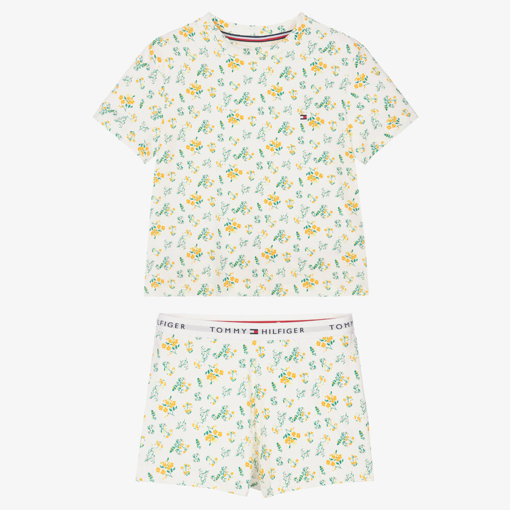 Tommy Hilfiger-Girls Ivory Floral Cotton Short Pyjamas | Childrensalon