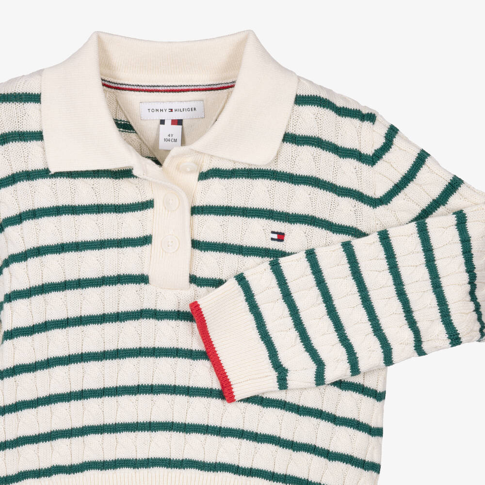Tommy Hilfiger-Girls Ivory & Green Stripe Sweater | Childrensalon