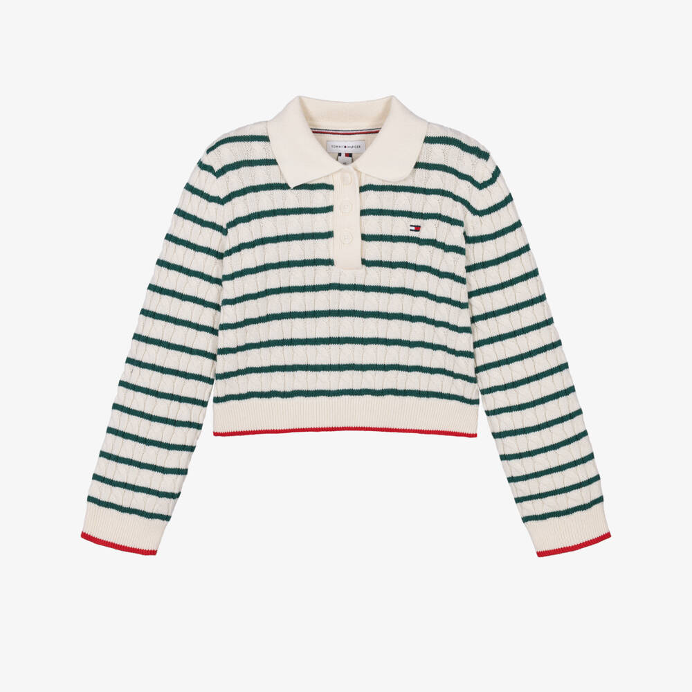 Tommy Hilfiger-Girls Ivory & Green Stripe Sweater | Childrensalon
