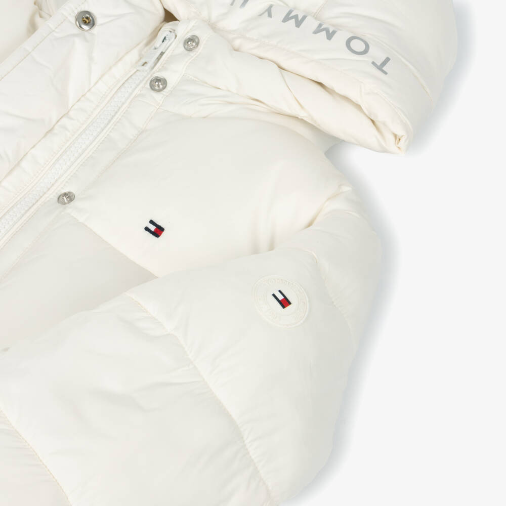 Tommy Hilfiger-Girls Ivory Hooded Puffer Jacket with Flag Logo | Childrensalon