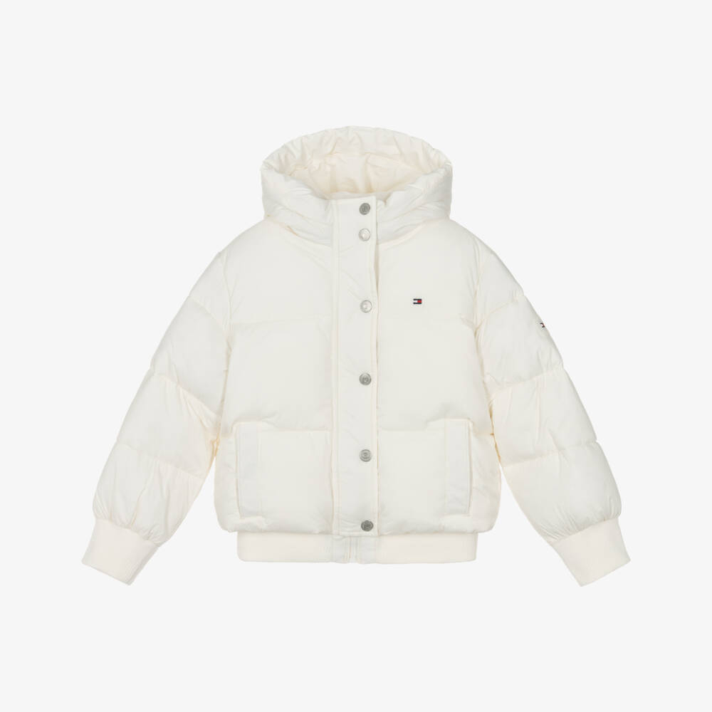 Tommy Hilfiger-Girls Ivory Hooded Puffer Jacket with Flag Logo | Childrensalon