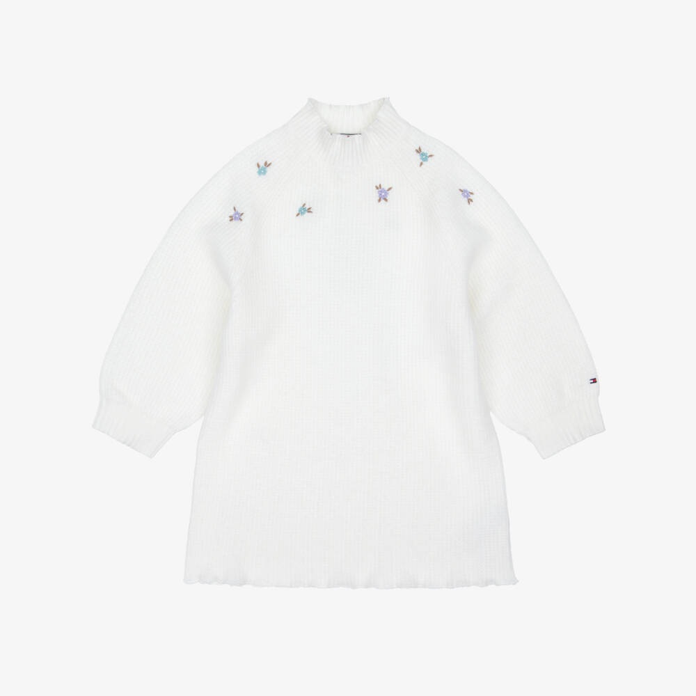 Tommy Hilfiger-Girls Ivory Knitted Dress with Embroidered Flowers | Childrensalon