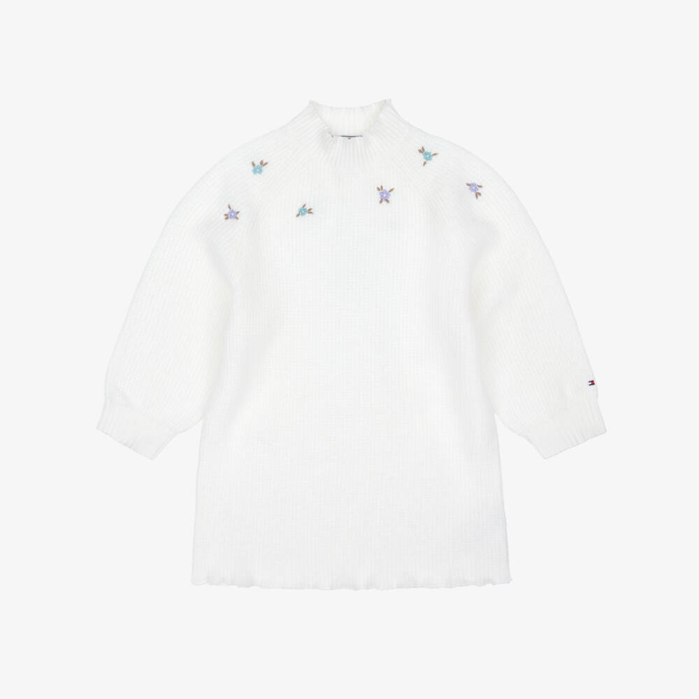 Tommy Hilfiger-Girls Ivory Knitted Dress with Embroidered Flowers | Childrensalon