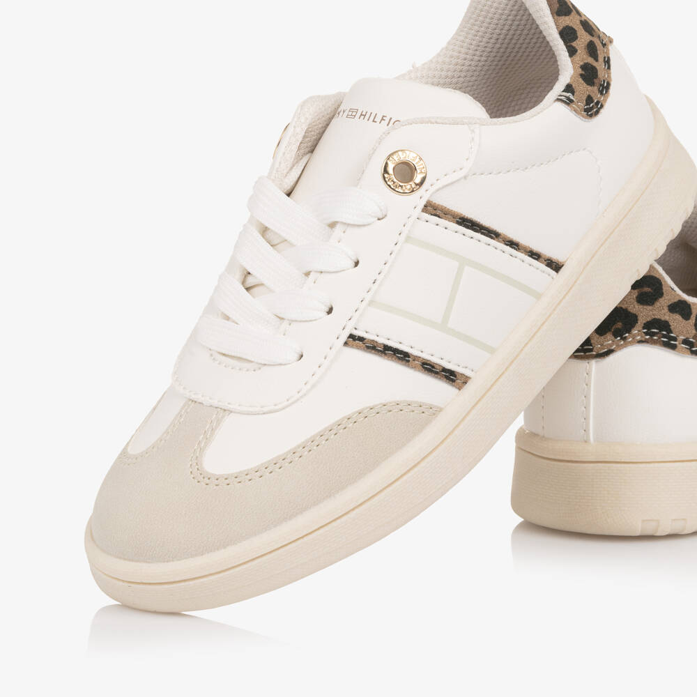 Tommy Hilfiger-Girls Ivory Lace-Up Trainers with Leopard Print Trim | Childrensalon