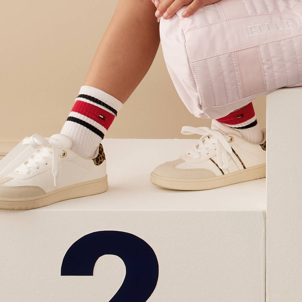 Tommy Hilfiger-Girls Ivory Lace-Up Trainers with Leopard Print Trim | Childrensalon