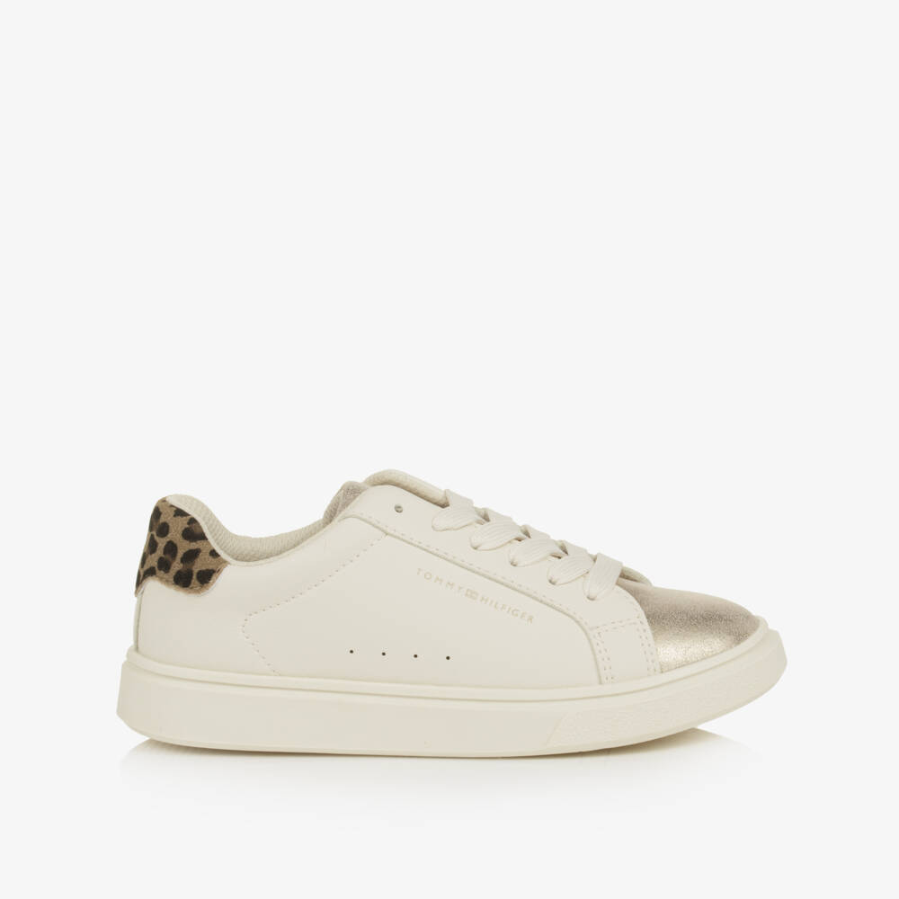 Tommy Hilfiger-Girls Ivory & Metallic Gold Lace-Up Trainers | Childrensalon