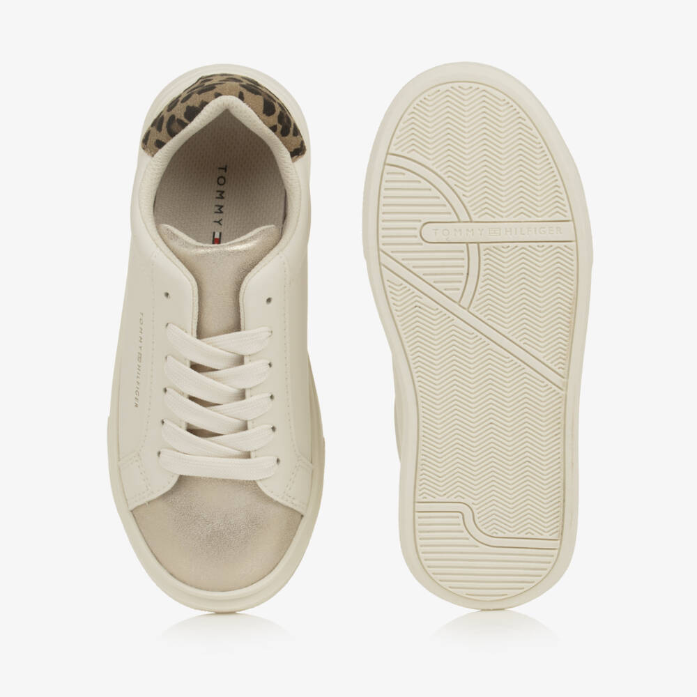 Tommy Hilfiger-Girls Ivory & Metallic Gold Lace-Up Trainers | Childrensalon