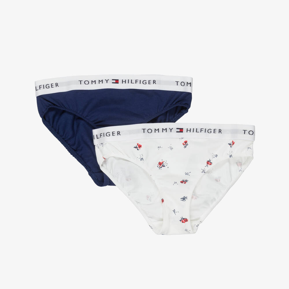 Tommy Hilfiger-Girls Ivory & Navy Blue Cotton Knickers (2 Pack) | Childrensalon