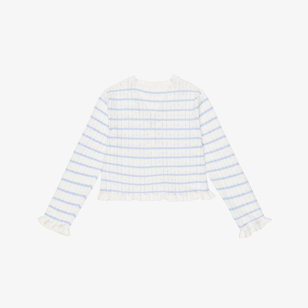 Tommy Hilfiger-Girls Ivory & Pale Blue Stripe Pointelle Cardigan | Childrensalon