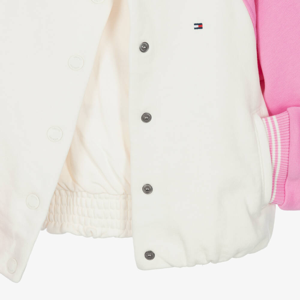 Tommy Hilfiger-Girls Ivory & Pink Bomber Jacket with Rhinestone Logo | Childrensalon