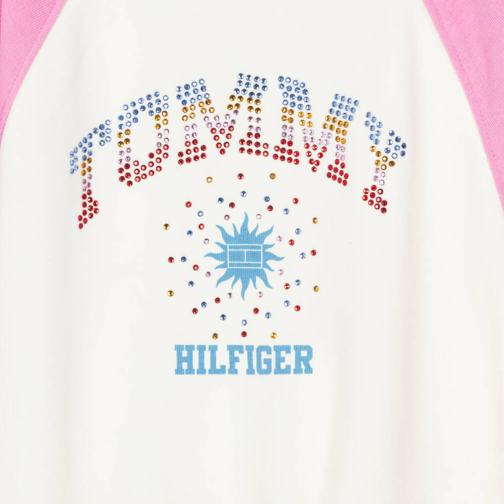 Tommy Hilfiger-Girls Ivory & Pink Bomber Jacket with Rhinestone Logo | Childrensalon
