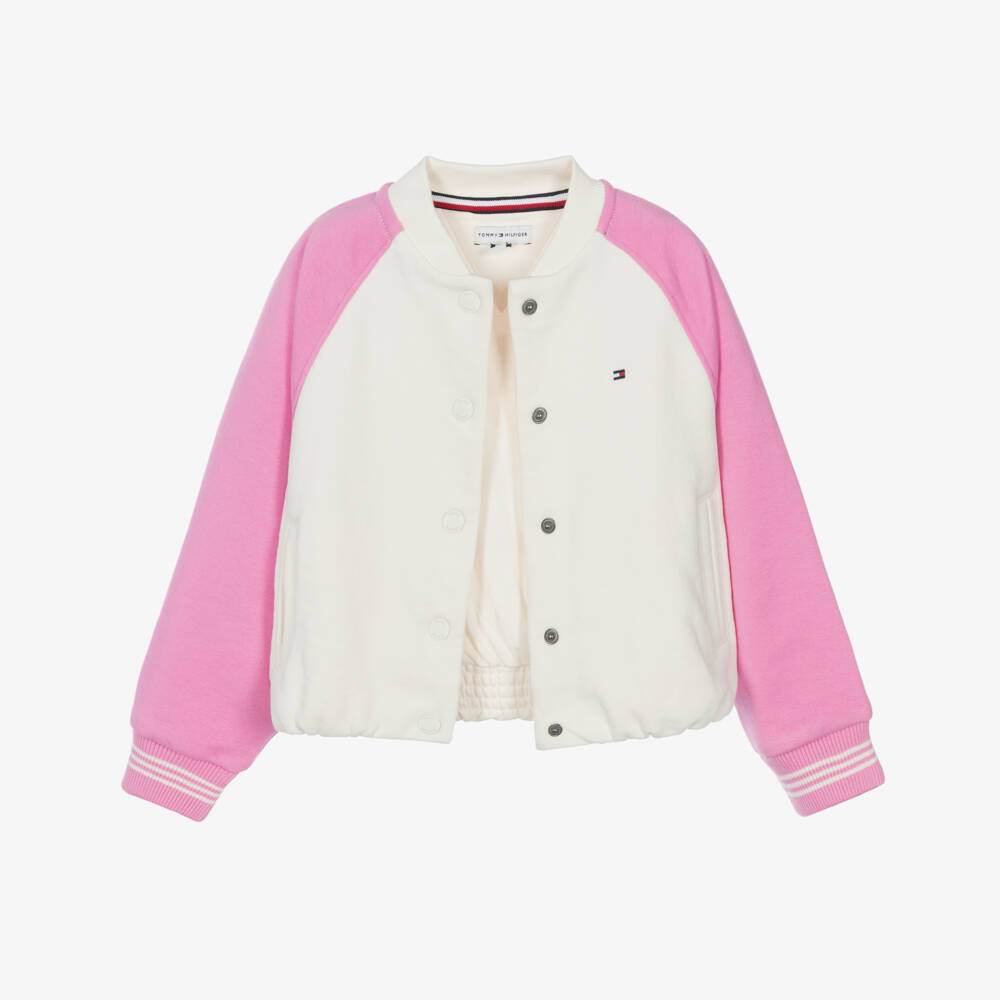 Tommy Hilfiger-Girls Ivory & Pink Bomber Jacket with Rhinestone Logo | Childrensalon