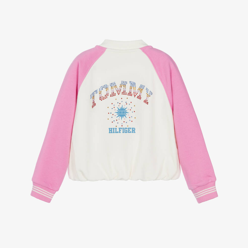 Tommy Hilfiger-Girls Ivory & Pink Bomber Jacket with Rhinestone Logo | Childrensalon