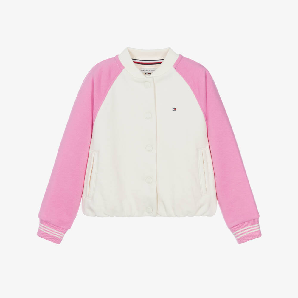 Tommy Hilfiger-Girls Ivory & Pink Bomber Jacket with Rhinestone Logo | Childrensalon