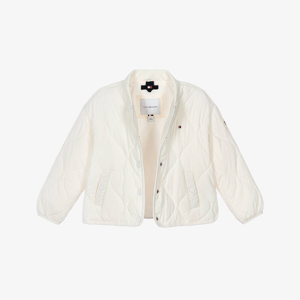 Tommy Hilfiger-Girls Ivory Quilted Jacket with Pockets | Childrensalon