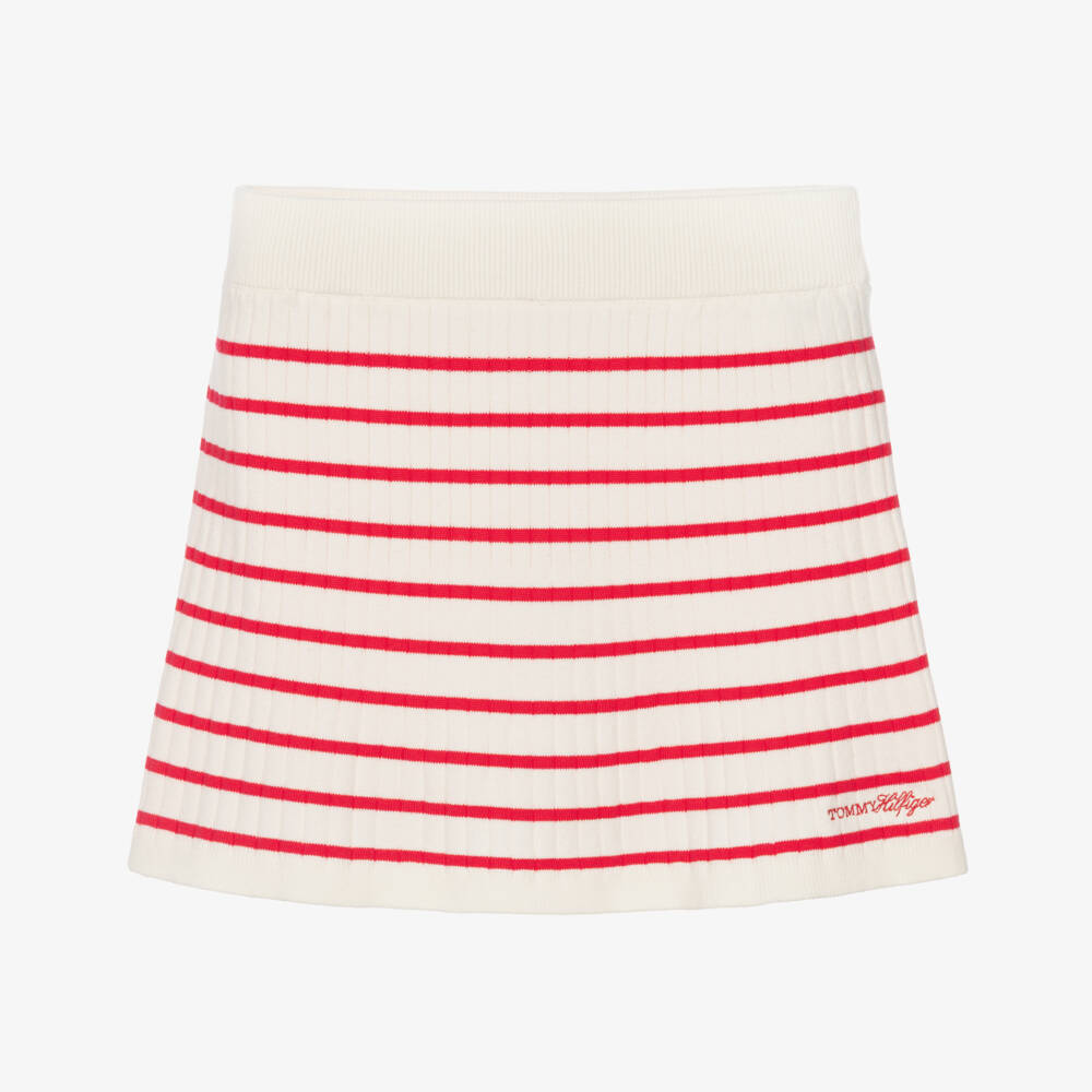Tommy Hilfiger-Girls Ivory & Red Stripe Ribbed Skirt  | Childrensalon