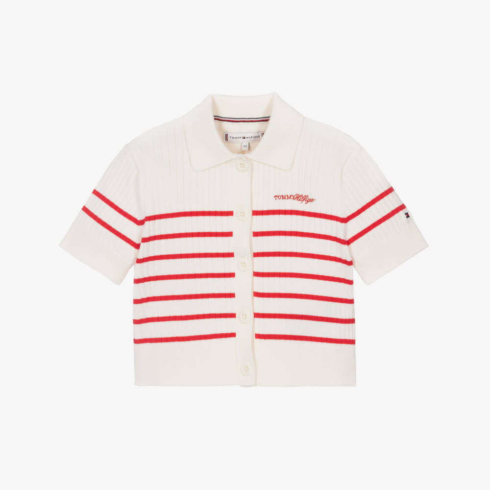 Tommy Hilfiger-Girls Ivory & Red Stripe Short Sleeve Ribbed Cardigan | Childrensalon