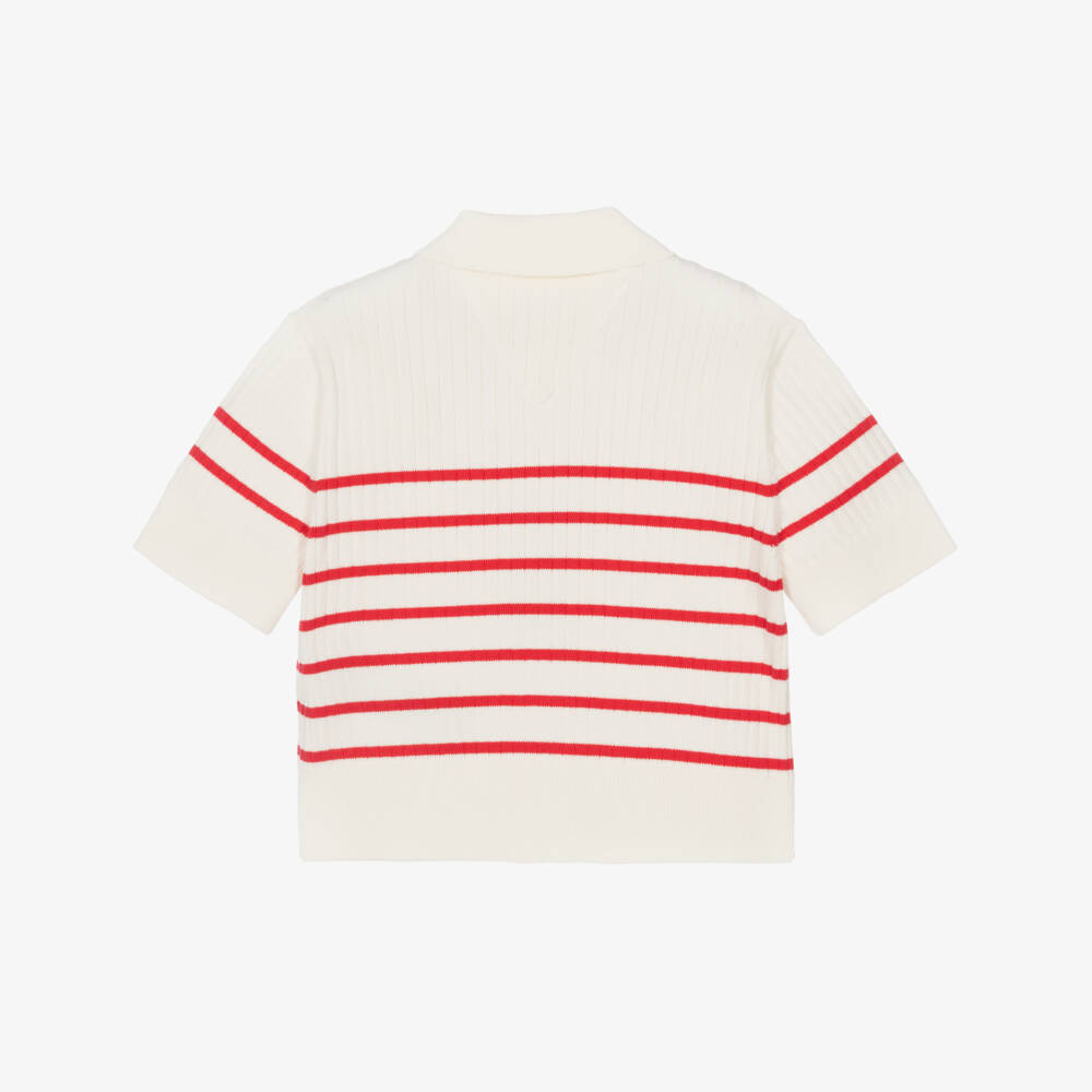 Tommy Hilfiger-Girls Ivory & Red Stripe Short Sleeve Ribbed Cardigan | Childrensalon