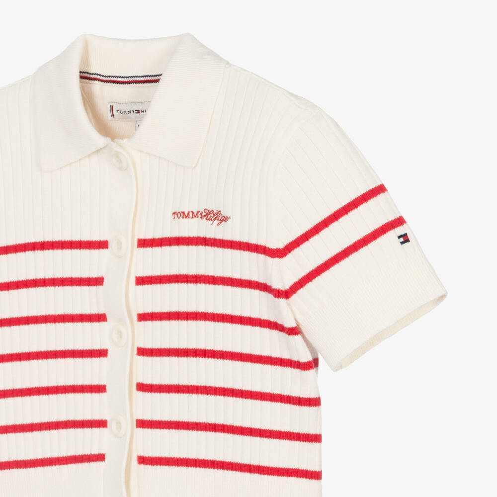 Tommy Hilfiger-Girls Ivory & Red Stripe Short Sleeve Ribbed Cardigan | Childrensalon