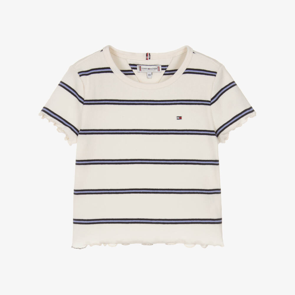 Tommy Hilfiger-Girls Ivory Stripe Ribbed Jersey T-Shirt | Childrensalon