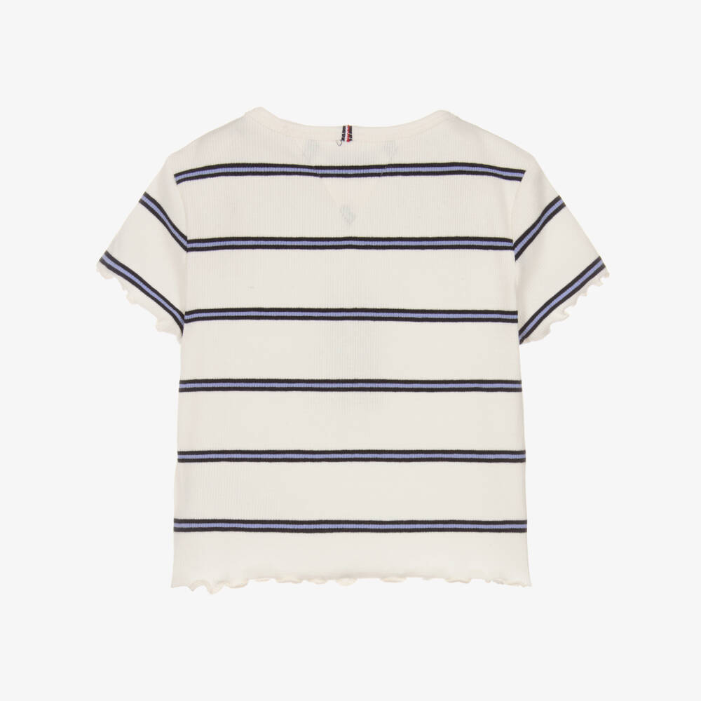 Tommy Hilfiger-Girls Ivory Stripe Ribbed Jersey T-Shirt | Childrensalon