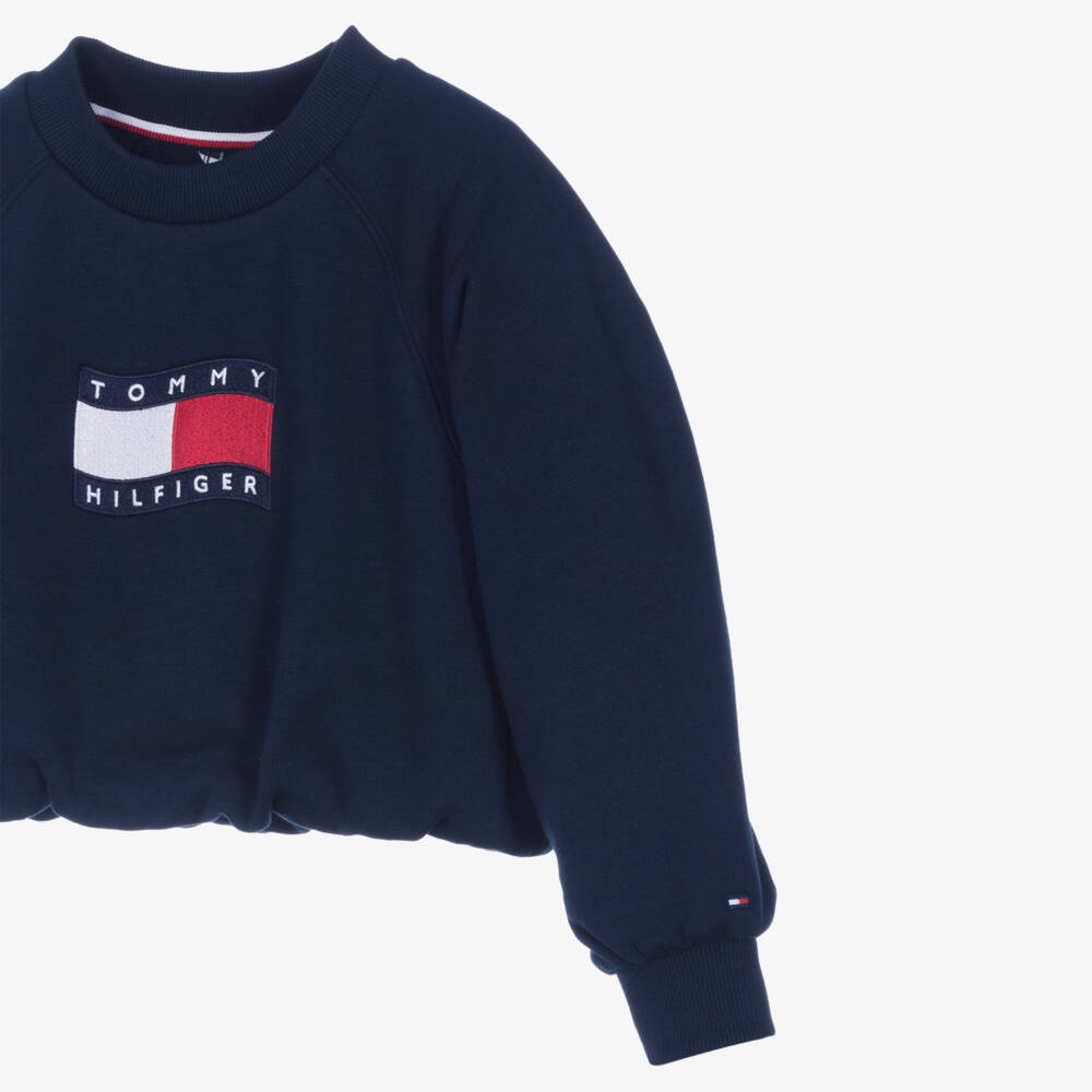 Tommy Hilfiger-Свитшот синий хлопковый с пузырчатым подолом для девочек | Childrensalon